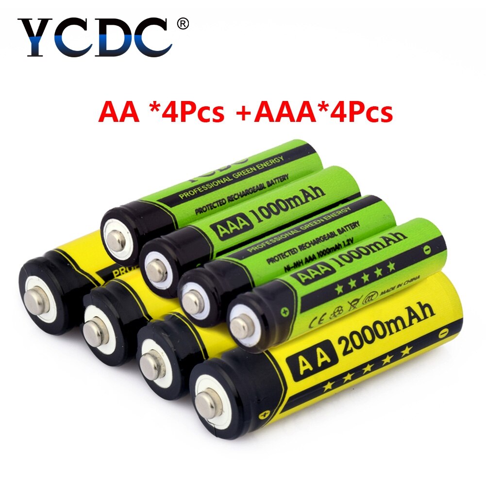 Ycdc 8 pces = aa + aaa baterias recarregáveis 1.2v ni-mh 1000mah aaa + 2000mah aa nimh bateria com células segurar caixa do caso