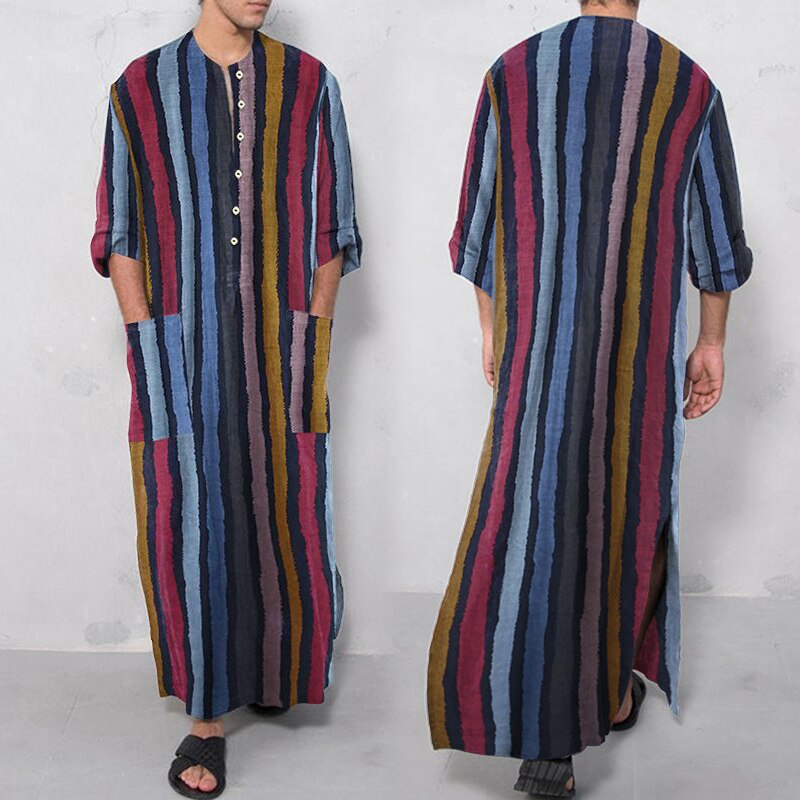 Mens Onesie Sleep Robes Loose Long Sleeve Striped One Piece Pajamas Casual Homewear Nightgown Mens Bathrobes Jumpsuit Nightwear