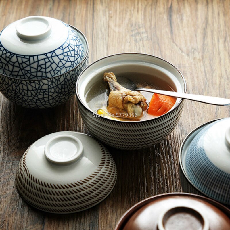 Cuenco de cerámica para sopa, tazón japonés de 4,5 pulgadas y 6,5 pulgadas con tapa, tazón de porcelana azul y blanca para arroz, tazón para sopa y estofado de