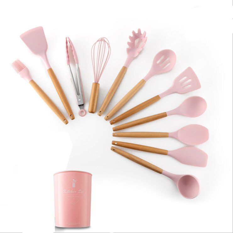 12pcs Kitchen Utensil Set Silicone Cooking Tools Household Wooden Koken Gereedschap Met Opbergdoos Turner Tang Spatel Turner: pink 12PCS