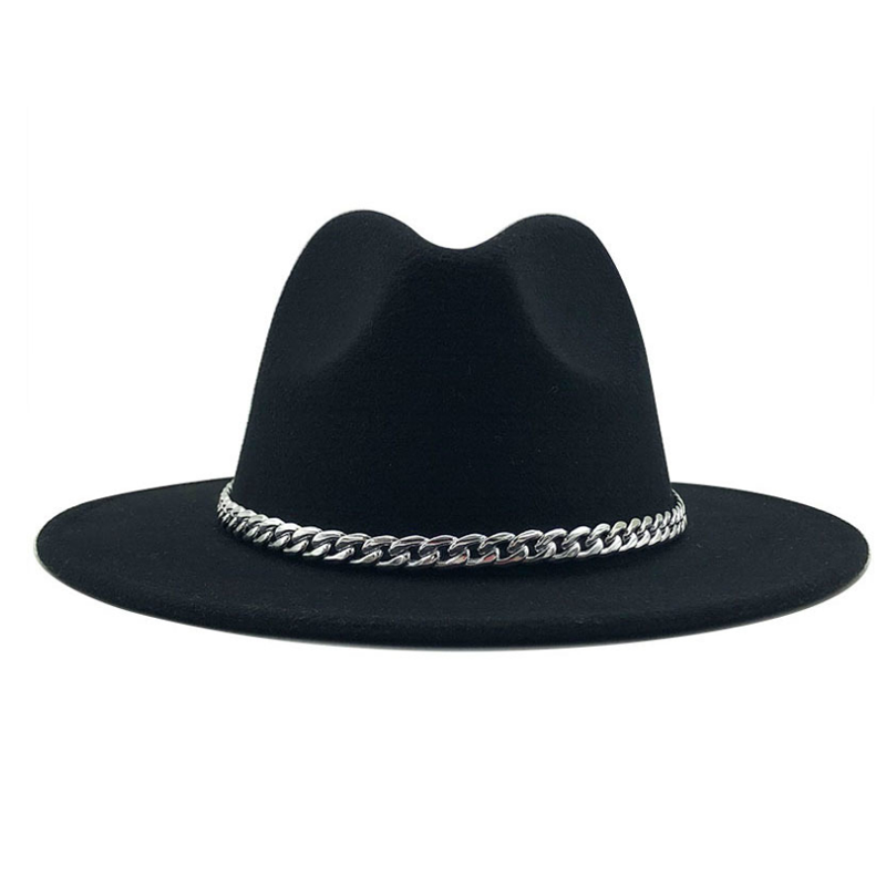 Fedora hat med bred kant rand lmitation uldfilt hatte med metal kæde indretning panama fedoras chapeau sombrero: 1