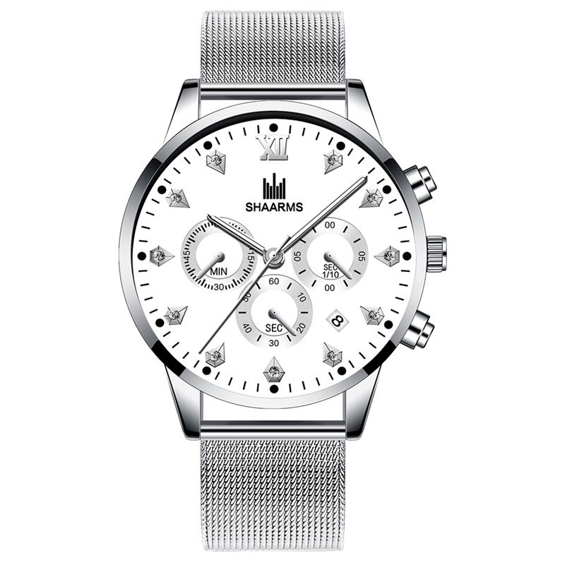 SHAARMS Men's Wristwatch Blue DialCasual Quartz Watch Stainless Steel Mesh Band Watch Date Clock Reloj Hombre