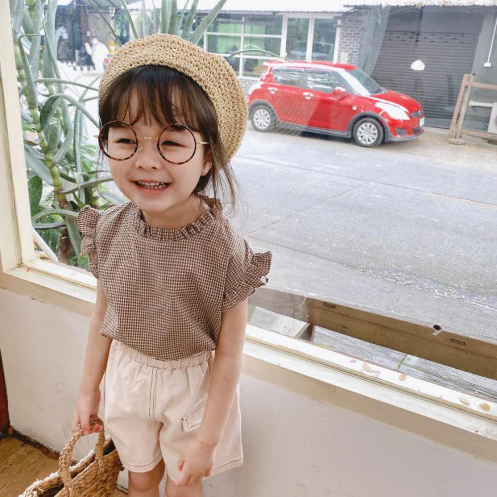 Kinderkleding zomerproducten meisjes shirt koreaanse zomer geruit mouwloos kant kinderkleding schattige meisjeskleding