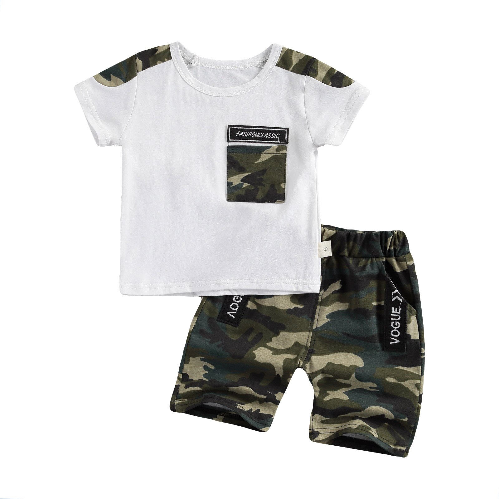 Focosorn – ensemble de vêtements d'été pour bébés garçons de 1 à 4 ans, imprimé Camouflage, manches courtes, poche, Short: WHITE / 4T