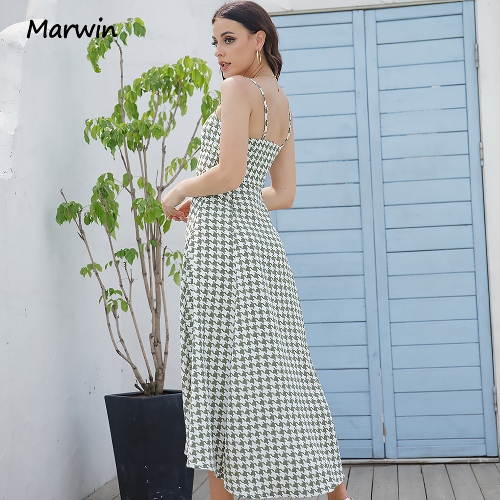 Marwin Summer Spaghetti Strap Long Women Houndtooth Printing High Street Hoilday Style Women Dresses