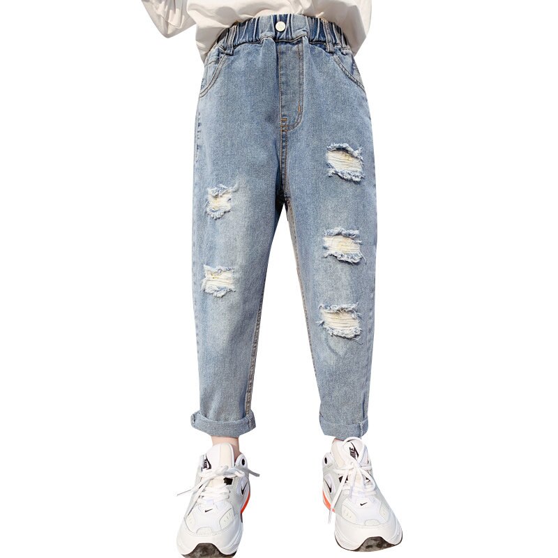 Teen Girls Harem Pants With Five Destroy Hole Spring Autumn High Waist Ripped Kids Teenager Denim Trousers 4-14Years