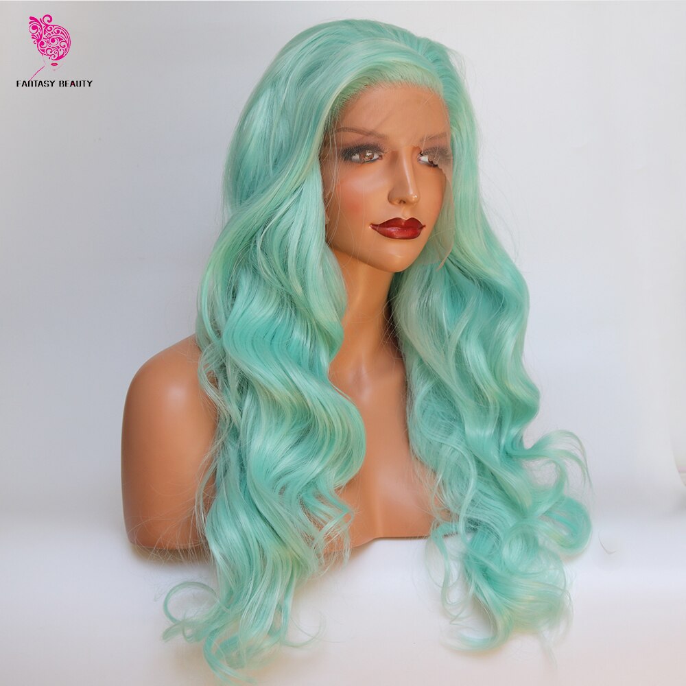 Fantasy Beauty Mint Green Purple Rose Pink Red Color Natural Looking Synthetic Lace Front Wigs for Women Long Wave Wig: 22inches / Mint Green
