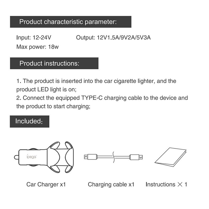 Ipega 12V Auto Ladegerät praktisch Schnelle Ladung Typ-C Anschluss Adapter in Auto schnell aufladen Auto Ladegerät Universal- Schalter