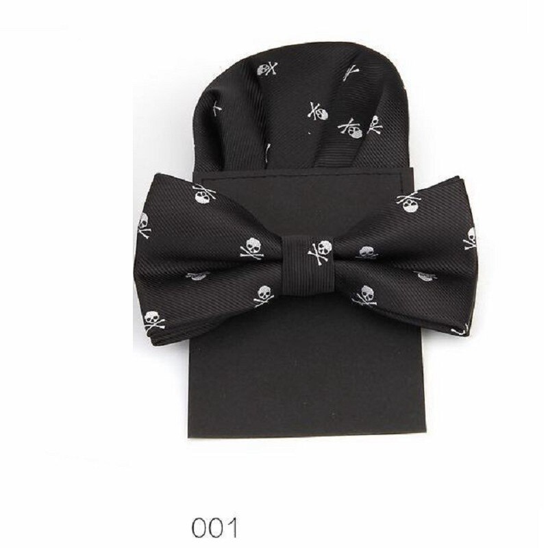 Men's tie bow tie handkerchief set skull hanky pocket square polyester bowknot butterfly wedding bowtie necktie prefold hankies