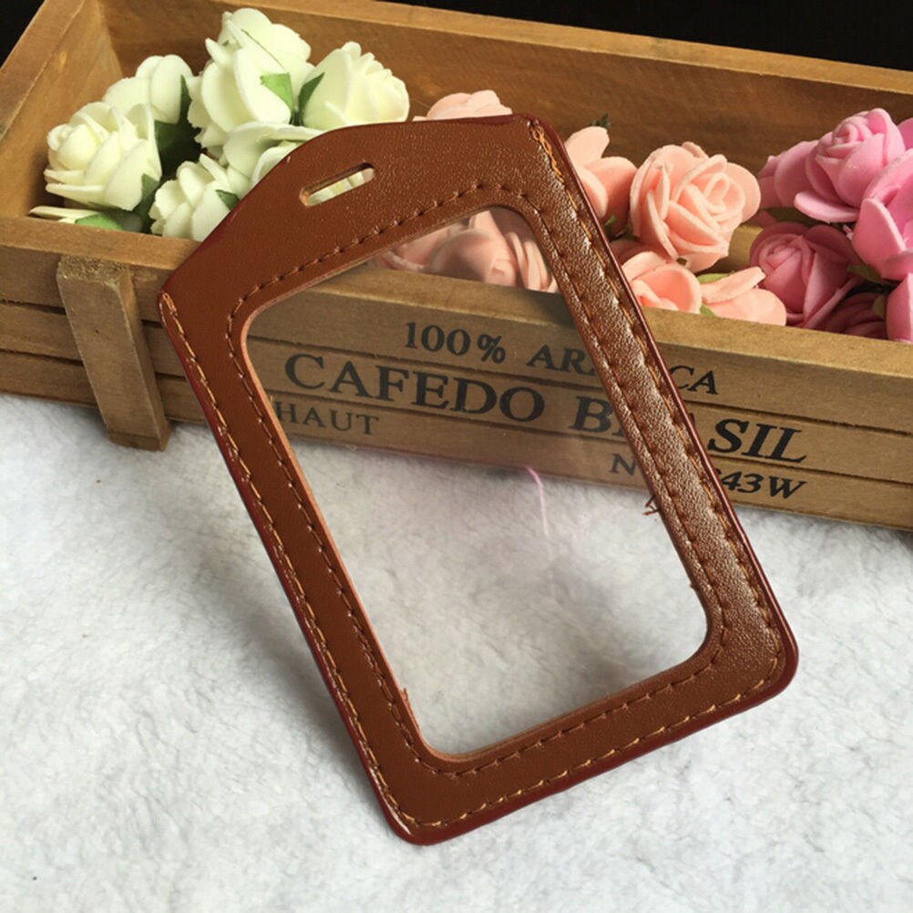 ID PU Leather Card Holders Horizontal Vertical Style Badge Case Clear with Color Border and Lanyard Holes School Stationery
