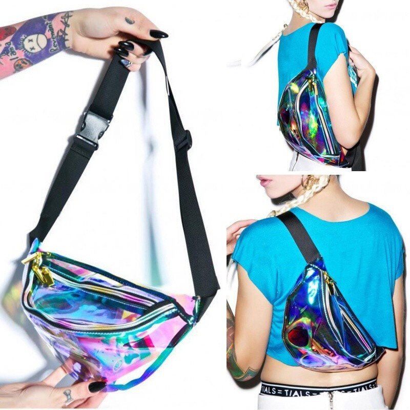 -Punk Lady Girl Retro Rainbow Transparent Bum Women Purse Waist Bag