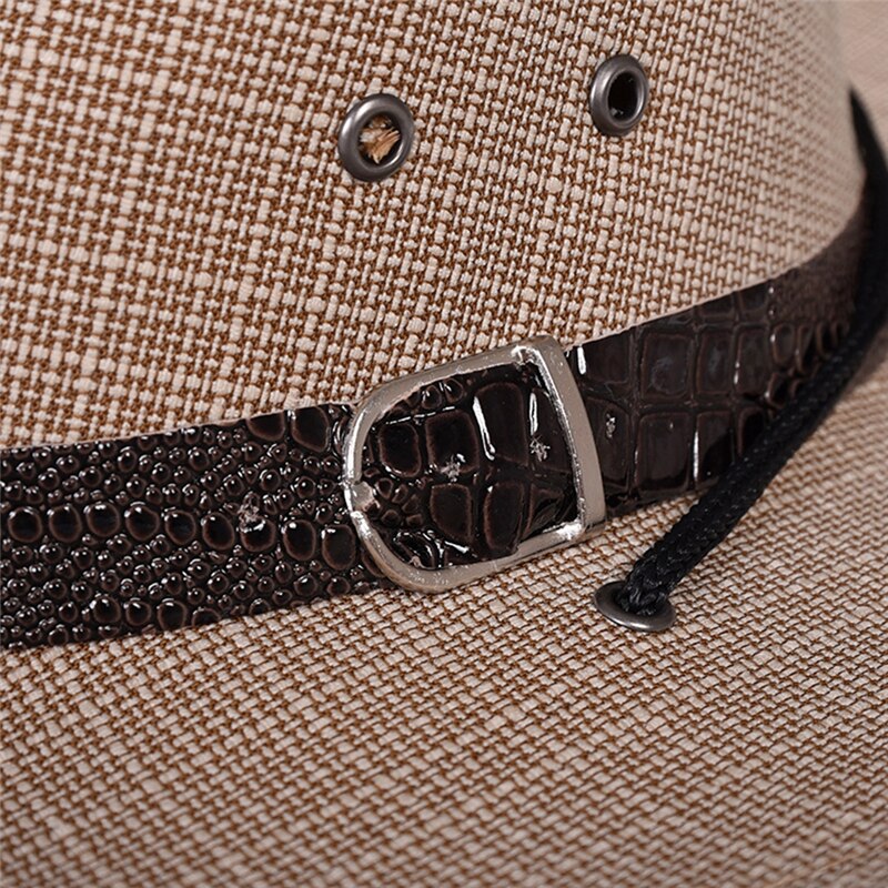 Imixlot Summer Men Straw Cowboy Hat Retro Classic Western England Style Gentleman Bucket Hat with Leather Buckle Decoration