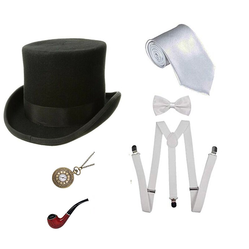 1920s herre store gatsby tilbehør sæt brølende 20s 30s retro gangster kostume halskæde gentleman's pipe lommeur supenders: Brun