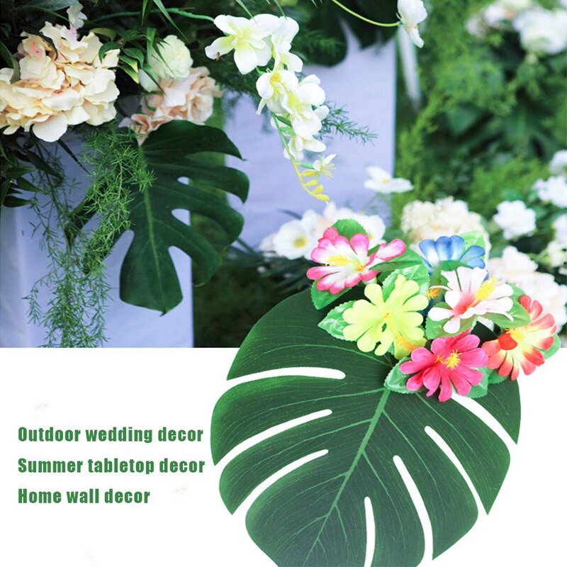 90Pcs Tropical Palm Leaves and Hibiscus Flowers, Artificial Leaves Plants Hibiscus Flowers Fete Deco, Hawaiian Party Jungle Beac