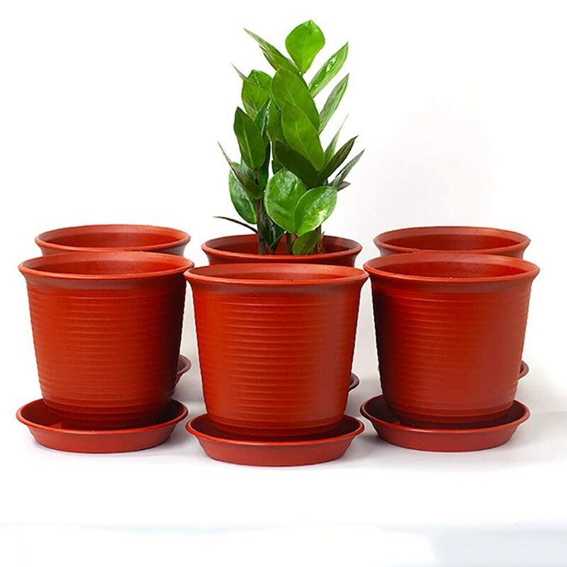 Planters 15.4 cm Plastic Pots for Plants Set of 6 Flower Plant Pot Indoor Gardening Pot with Drainage Pallet (Brick Red)