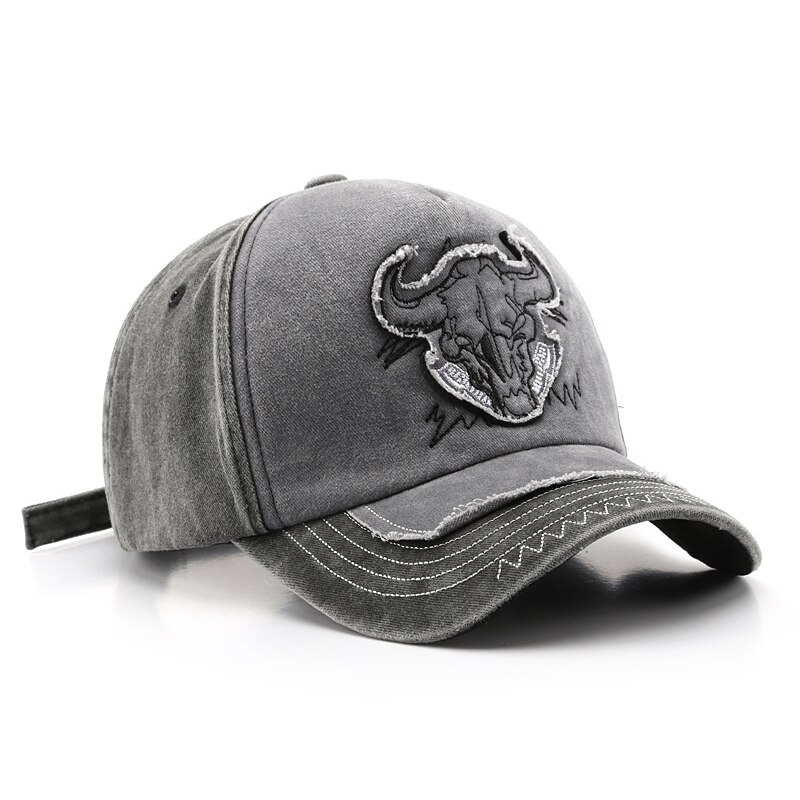 Casquette de Baseball avec tête de taureau brodée pour hommes et femmes, chapeau rétro de rue américaine, en coton délavé, pour papa, pour l&#39;extérieur, Hip Hop, à rabat, pour le soleil: Gray