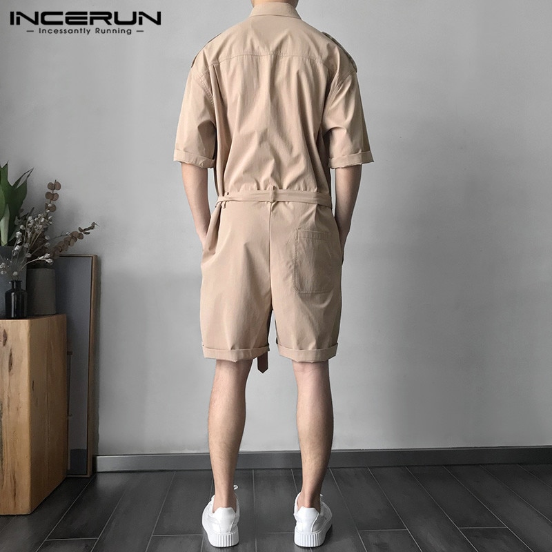 INCERUN Streetwear Männer Gesamt-spielanzug Gürtel Taschen Halbes Feste Hosen Männer Lässig Gesamt Overall Harajuku