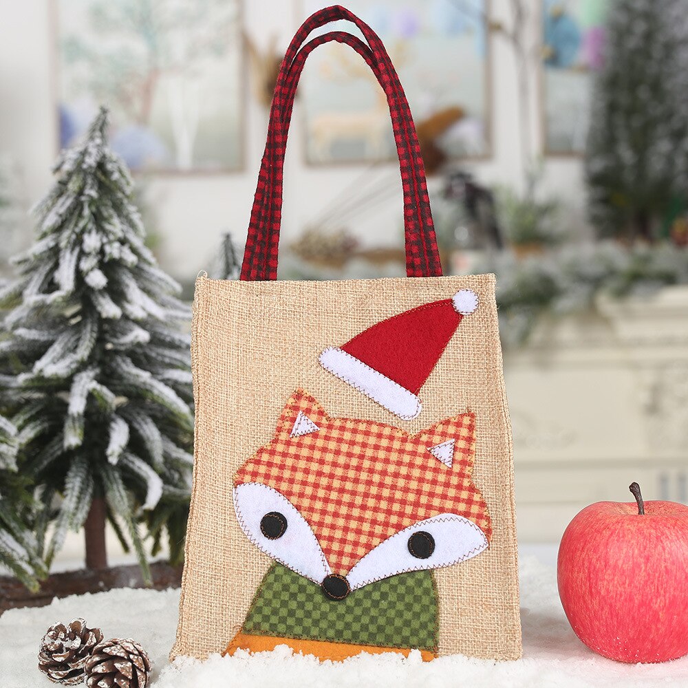 1 stk julepynt linned applikationer broderet taske tegneserie slikpose ornament mulepose: Ræv