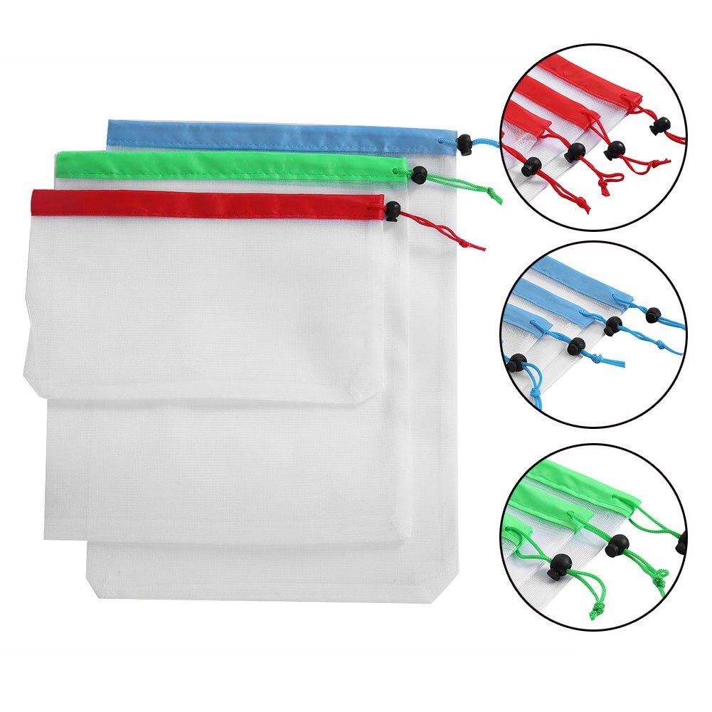 15pcs 3 Sized Reusable Fruit Vegetable Bags Net Bag Produce Washable Mesh Bags Kitchen Storage Bags Toys Sundries