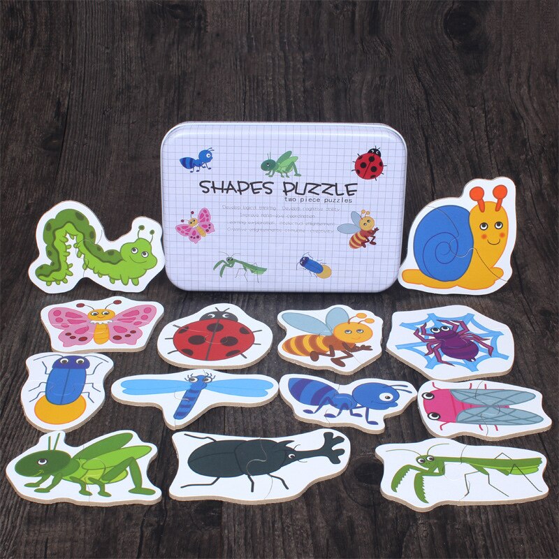 Big Size Vlok Baby Houten Puzzel Speelgoed Vroeg Onderwijs Cartoon Dier Fruit Cognitie Kaart Jigsaw Set Metalen Doos Voor Kinderen: insect