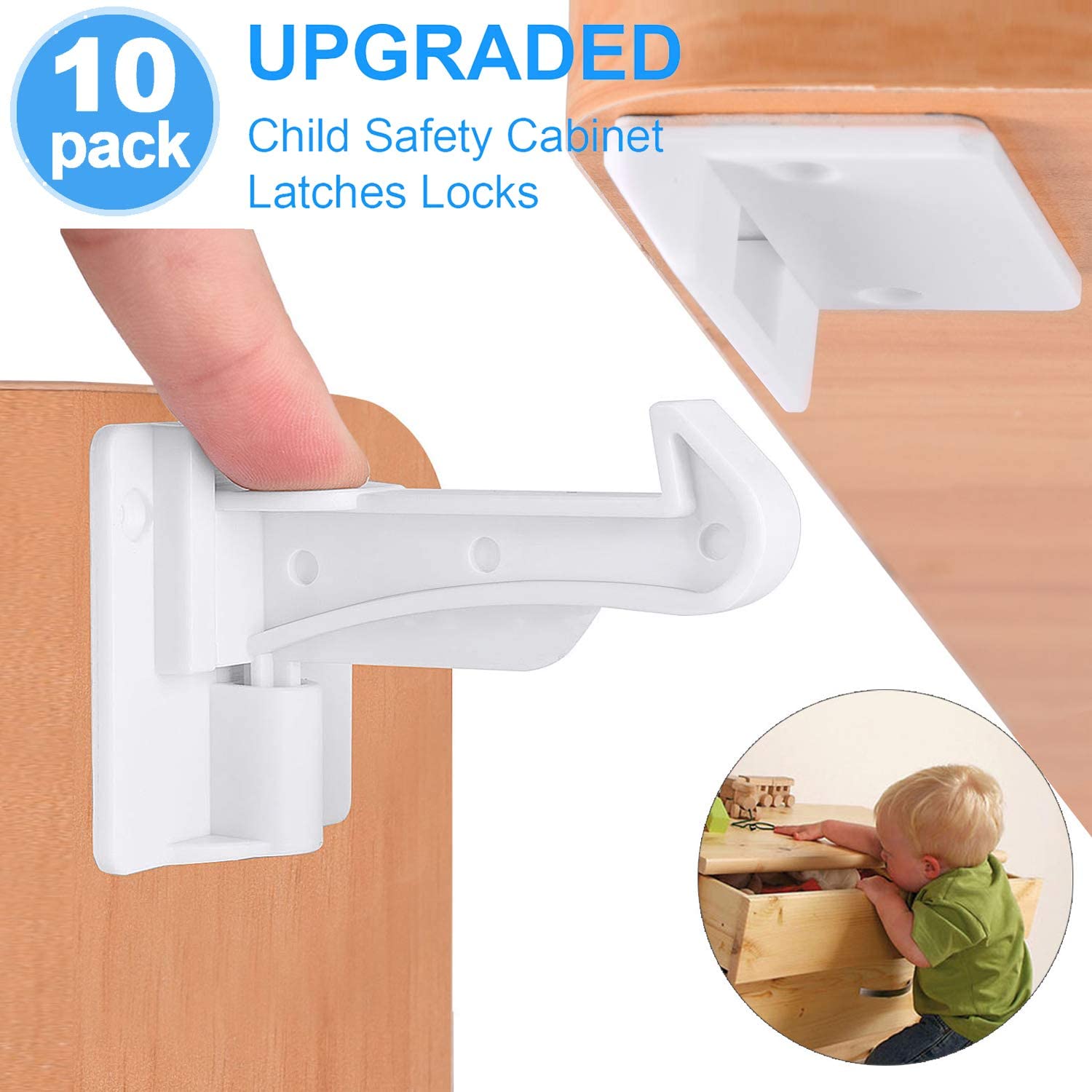 Invisible Spring No Drill Child Proof Latches, Baby Safety Locks, for Kitchen Cabinets & Drawers with Strong Adhesive 10 Pack: 10 Pack 1 bag white