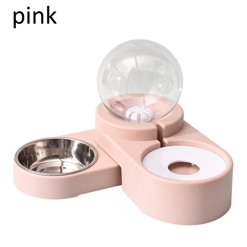 Bubble Pet Bowls Food Automatic Feeder Fountain Water Drinking Two Large Bowl Feeding Container for Dog Kitten Cat Supplies: A Pink