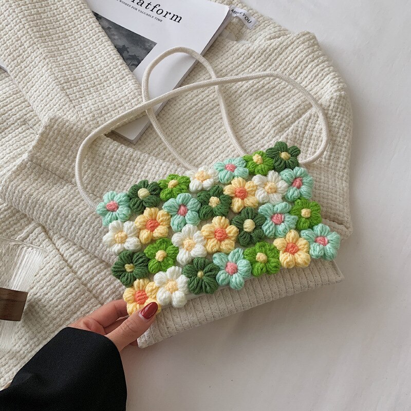 Yogodlns Mode Bloem Flap Bag Voor Vrouwen Geweven Handgemaakte Crossbody Tas Katoen Linnen Messenger Handtas Zomer Reizen Strand Tassen: green