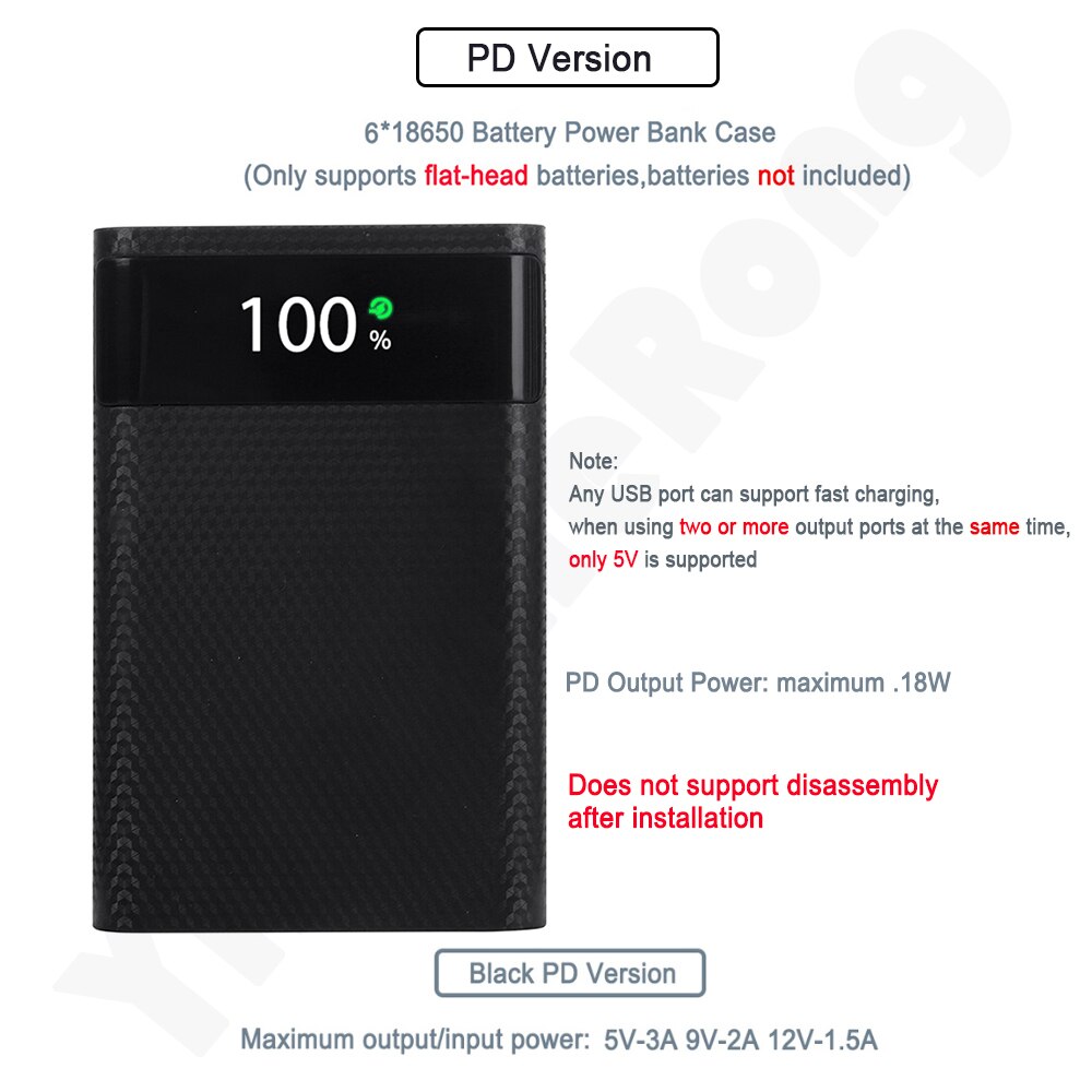 Diy 6*18650 powerbank-gehäuse mit zwei usb-anschlüssen, led-anzeige,  qc3.0 schnelllade-akkuhaltern, lade- und aufbewahrungsbox sowie schutzhülle für mobiltelefone: Pd schwarz