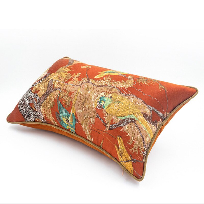 Dunxdeco pudebetræk dekorativ pudebetræk vintage kinesisk stil dyresamling leopard papegøje broderi orange coussin