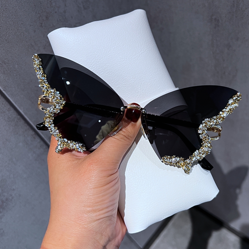 Luxus Diamant Schmetterling Sonnenbrille Frauen Y2K Jahrgang Randlose Übergroße Sonnenbrille Damen Brillen