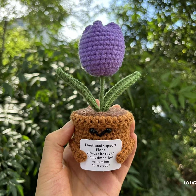 Flor de ganchillo hecha a mano, adorno de lana tejido en maceta de girasol, decoración divertida para aliviar el estrés con tarjeta positiva
