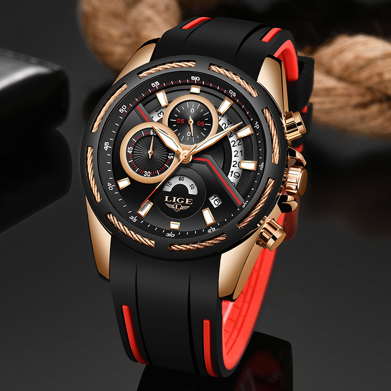 Relogio Masculino LUIK Heren Horloges Siliconen Band Top Luxe Waterdichte Sport Chronograph Gold Quartz Horloge + Box