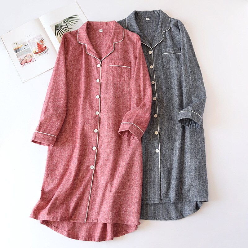 Vrouwen Lange Mouwen Katoenen Nachtjapon Dunne Loszittende Mid-Lengte Rok Gestreepte Nachthemden Revers Sleepshirts Losse sleep Tops