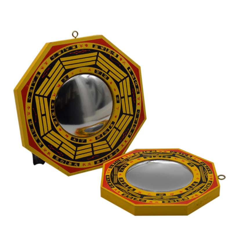 Feng Shui Yellow Wood Concave Convex Bagua Mirror Wall Hanging The 8 hexagrams mirror