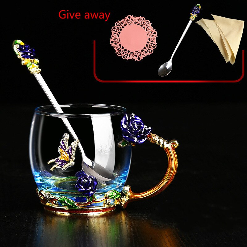 Emalje farge glass kopp hjem romantisk rose te kopp kaffekopp med lokk skje melk kopp vann kopp kvinne