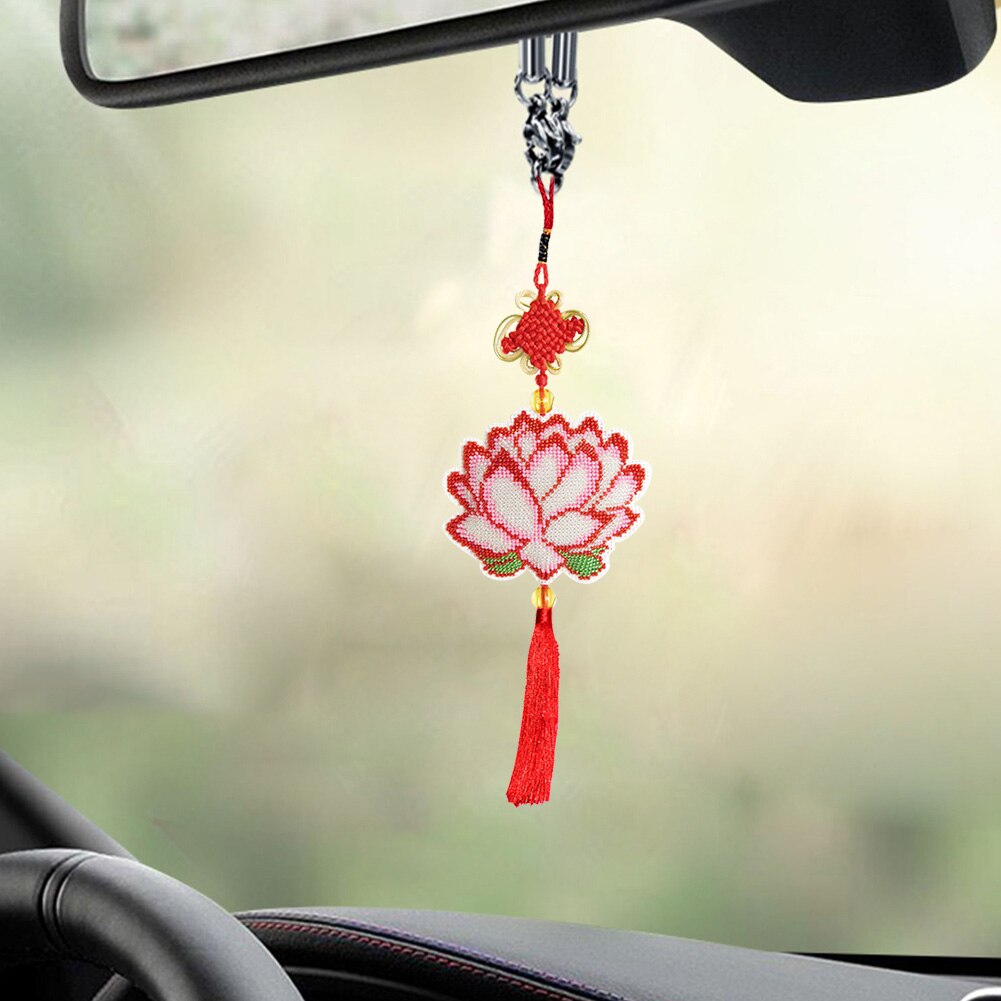 Kit de punto de cruz con cuentas, flor de loto bordado de hecho a mano, bolsa de llavero, decoración de colgante de coche, artesanía de adorno de nudo chino