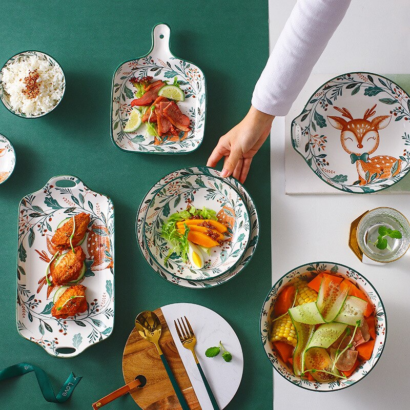 Cartoon Ceramic Kids Plate Set Dinning Food Deer Restaurant Nordic Plates Dinner Serving Platos De Cena Home Tableware DL60PZ