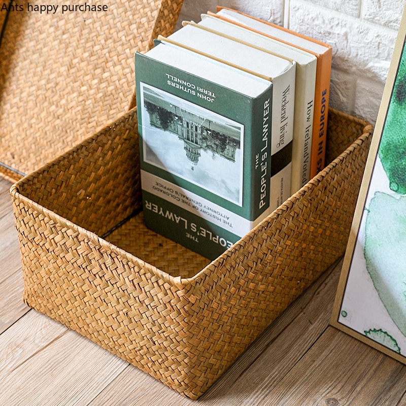 Straw Storage Box with Lid Rectangular Household Living Room Retro Sundries Woven Storage Basket Bedroom Clothing Storages Box