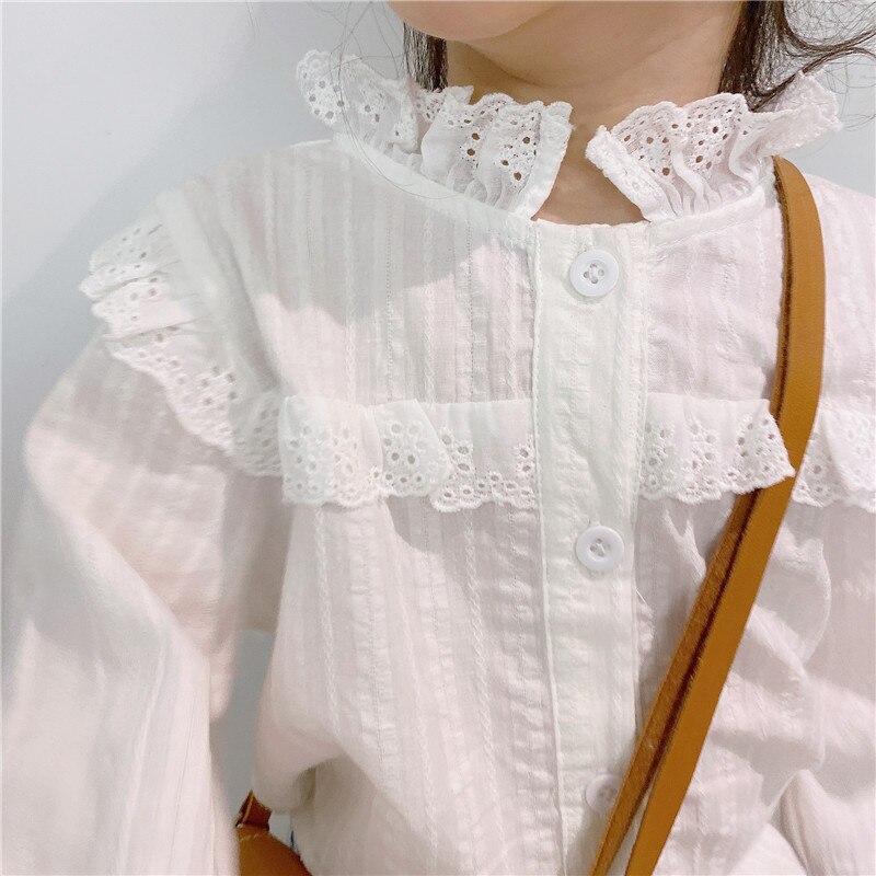 Volante para niña pequeña, Blusa de algodón para niño niña, Camisa sin mangas de manga larga, blusa blanca para otoño y primavera, ropa de bebé de 1 a 7 años