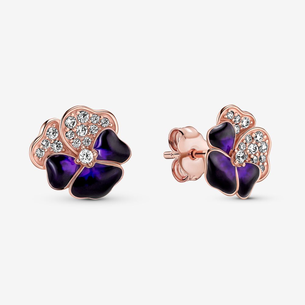 2022 neue Rose Gold Tiefe Lila Stiefmütterchen Blume Zucht Ohrringe Ring 1einstellen Für Frauen Luxus Schmuck