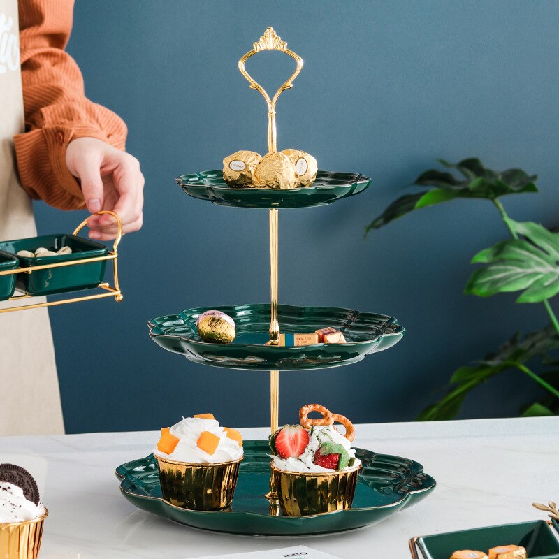 Assiette à brochette en céramique, vert foncé, européenne, thé de l&#39;après-midi, anniversaire, plateau à fruits, plat à Dessert, plateau à pâtisserie à deux ou trois niveaux
