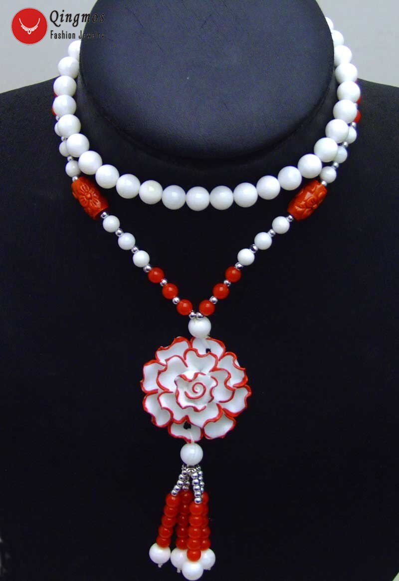 Qingmos-collar con colgante de cerámica roja para mujer, 40mm, flor, Tridacna, Concha blanca, almeja gigante, suéter de 26"