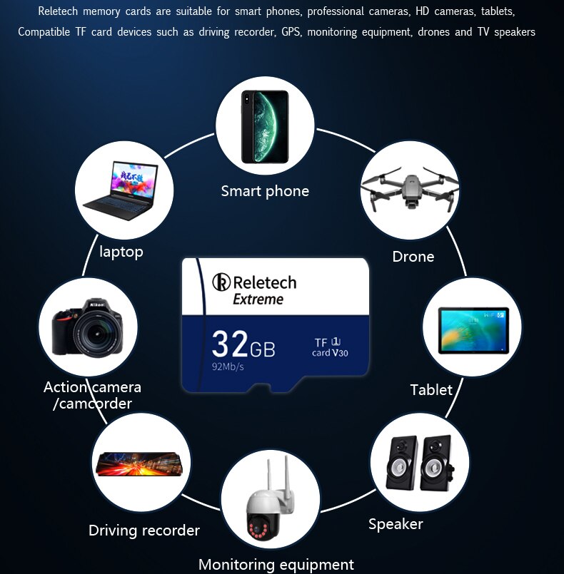 Carte Reletech TF 64GB Max 100 mo/s haute vitesse Class10 mémoire Flash Micro carte SD prise en charge 4K HD pour téléphone/appareil photo/Drone
