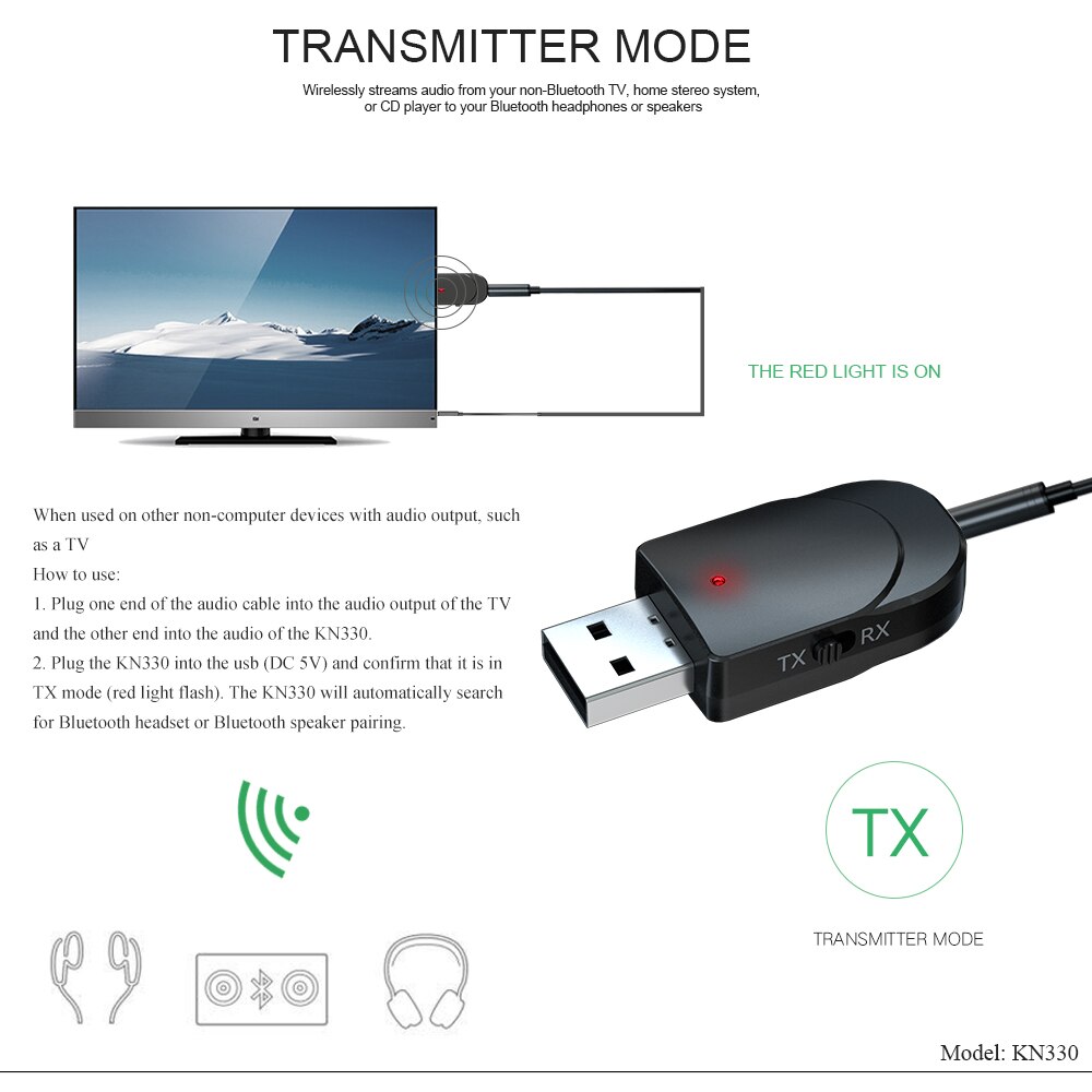 Kebidu-transmisor receptor Bluetooth USB 5,0, adaptador inalámbrico de Audio y música estéreo, Dongle para TV, PC, altavoz, auriculares