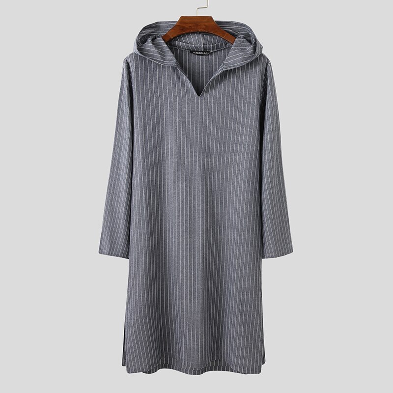 Incerun menn sovekåper hette langermet v-halslommer hjemmeklær menn bomull nattkjole stripet retro fritid natttøy s -5xl: Blå / M