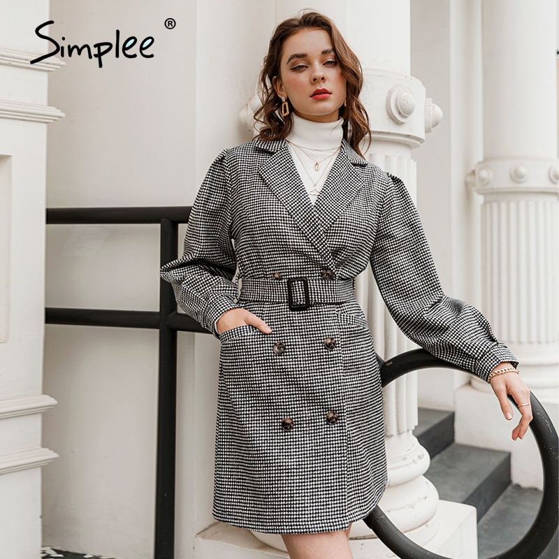 Simplee-vestido negro a cuadros con mangas abullonadas y cinturón para mujer, look clásico casual, primavera, Otoño e Invierno