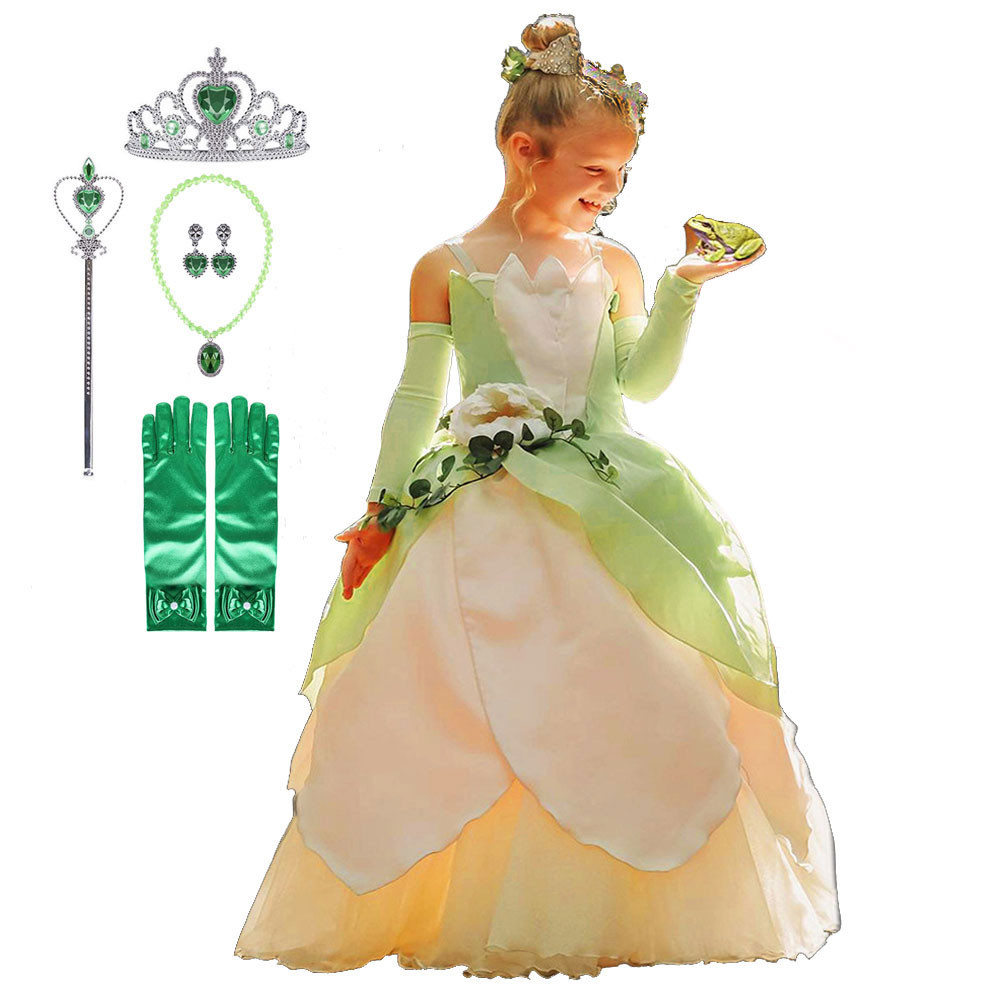 Costume princesse et la grenouille pour filles, robe Tiana de carnaval, robes de jeu de rôle