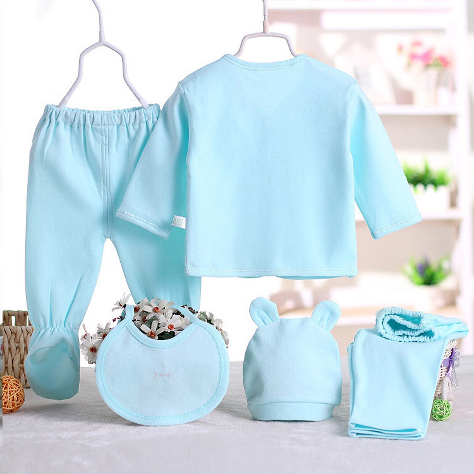 Pasgeboren Kleding 5 Stuks Nachtkleding Set Baby Jongens Meisjes Cartoon Lange Mouwen Tops + Hoed + Broek + Bib Outfits set