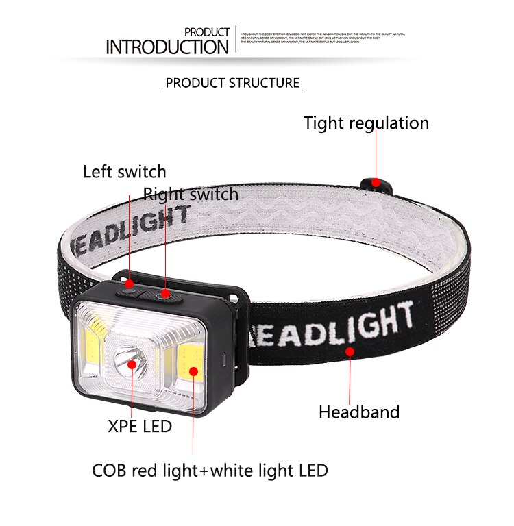 5000LM Led Koplamp Zaklamp Oplaadbare Koplampen, Xpe Led + 2 * Cob Usb Kabel, waterdichte Hoofdlamp Met Rood/Wit Licht