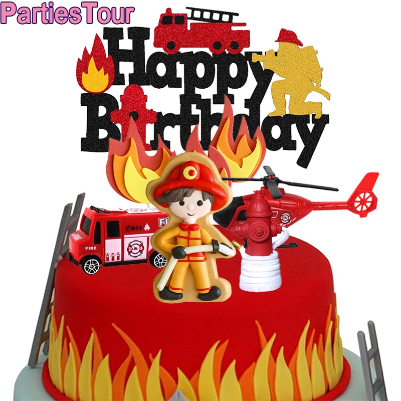 Fireman Cake Topper Fire Truck Happy Birthday Cake Topper Firefighter Themed Cake Decor for Adults Kids Birthday Party Supplies